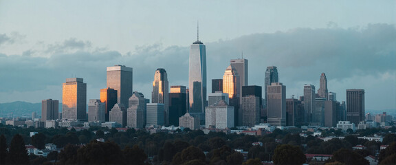 Fototapeta premium Californian city skyline reflecting orange hues at sunset, urban beauty