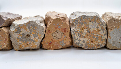 Textured stones arranged on a white background