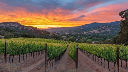 Fototapeta premium Vineyard Sunset Over Rolling Hills and Valley