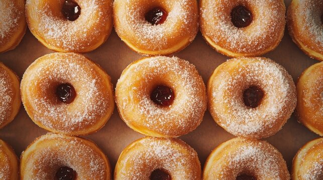 Colorful jelly-filled donuts are neatly arranged in rows on a tray, each topped with powdered sugar. The sweet treats showcase a delectable filling, inviting indulgence at any time