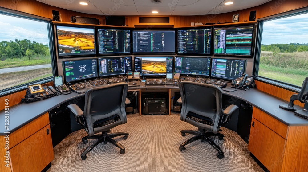 Poster modern control room with multiple screens and workstations