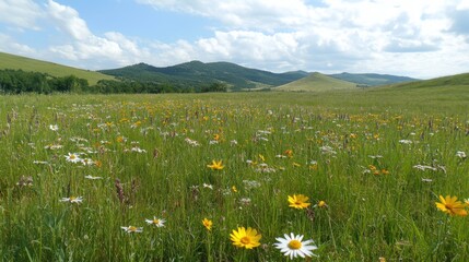 Wildflowers bloom in a grassy meadow before rolling hills