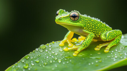 Obraz premium Green frog sitting on a dewy leaf