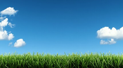 Serene Meadow Under Blue Sky: A vibrant green grass field stretches across the bottom, meeting a clear blue sky dotted with fluffy white clouds.  The image evokes a sense of calm and tranquility.