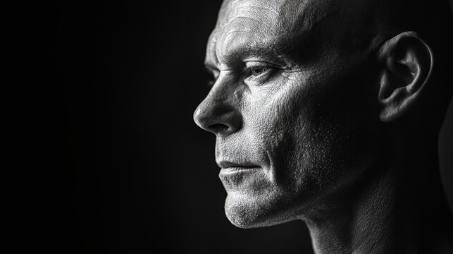 A man with a bald head and defined features gazes thoughtfully to the side. The striking contrast highlights his facial lines and intense expression in a minimalist setting
