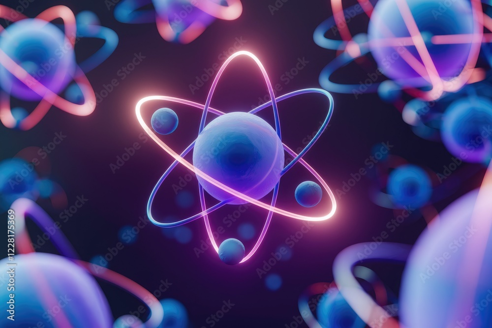 Poster neon-glowing atoms with electrons orbiting a nucleus, vibrant and visually appealing.