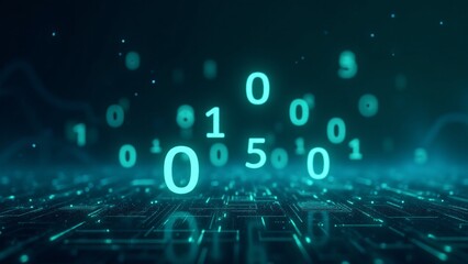 Floating binary code in white and green hovers against a futuristic digital background, with a grid structure and glowing patterns.