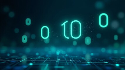 Floating binary code in white and green hovers against a futuristic digital background, with a grid structure and glowing patterns.