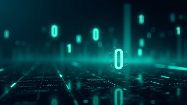 Floating binary code in white and green hovers against a futuristic digital background, with a grid structure and glowing patterns.