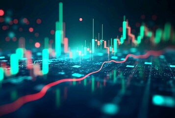  Depicting financial markets with stock charts, trend lines, and candlestick graphs. futuristic touch with holographic displays and digital interfaces. Vibrant colors like blue, green, and red
