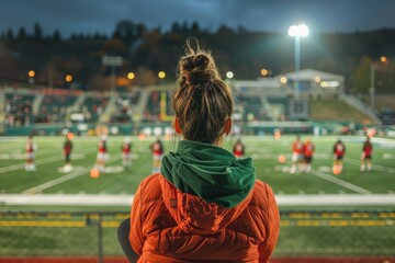 Back view of a female sport coach watching her team compete at an outdoor football field