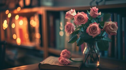 Cozy Home Library with Roses on Wooden Desk - Perfect for Reading and Relaxation Decor