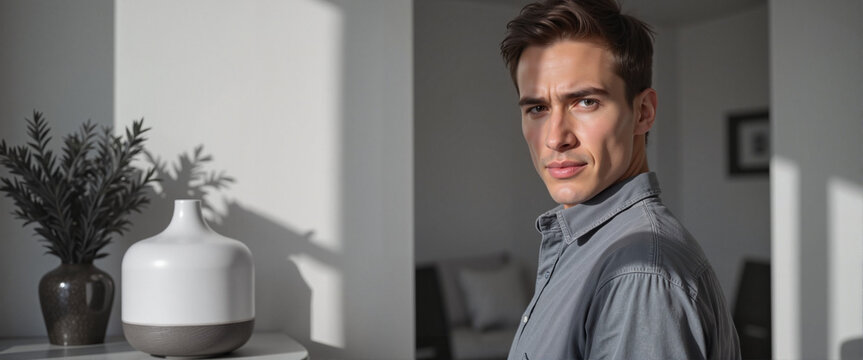 Young adult displaying focus next to aroma diffuser in calm indoor setting, anosmia awareness