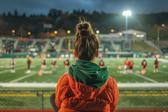 Back view of a female sport coach watching her team compete at an outdoor football field