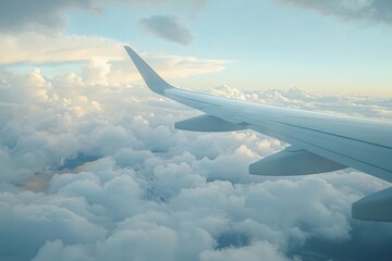 Obraz premium Airplane wings seen from a passenger window with clouds and sky