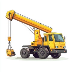 Crane Truck Cartoon style isolated on white background. Heavy Machinery. Construction Vehicle. Mobile Crane. Truck with Crane Arm. Crane Truck Design Element. Realistic Crane Truck isolated for Design