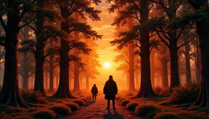 Fototapeta premium Mysterious figures walking along forest path at sunset, ethereal journey