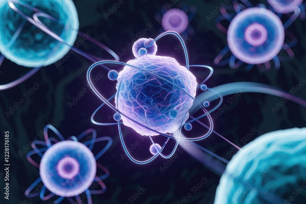Poster Artistic depiction of atoms and subatomic particles, illustrating quantum mechanics and atomic structure.