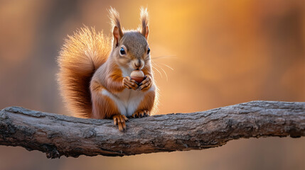 Fototapeta premium A squirrel holding an acorn on a tree branch