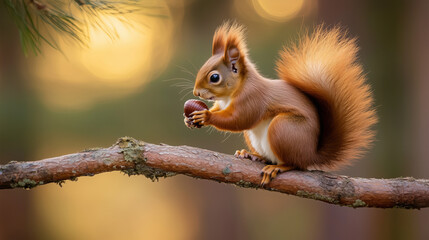 A squirrel holding an acorn on a tree branch