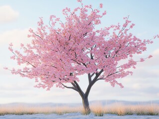 Naklejka premium Blooming cherry tree in a tranquil landscape setting