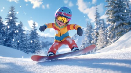 Kid snowboarding downhill