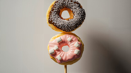 Colorful donuts stacked on a skewer showcase sweet decorations against a minimalist background
