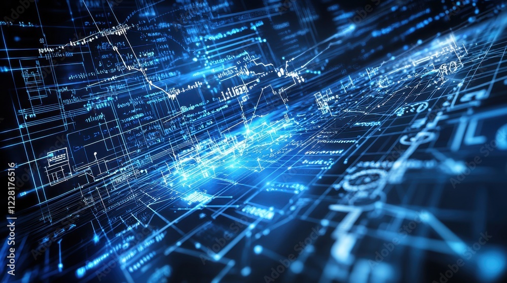 Poster blue glowing lines and symbols represent complex data interactions in a futuristic digital environme