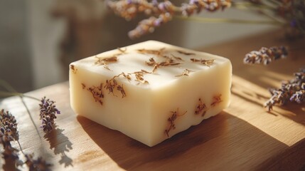 A close-up of a handmade soap bar with natural ingredients like lavender and dried flowers, placed on a smooth wooden surface, softly lit to highlight its organic textures