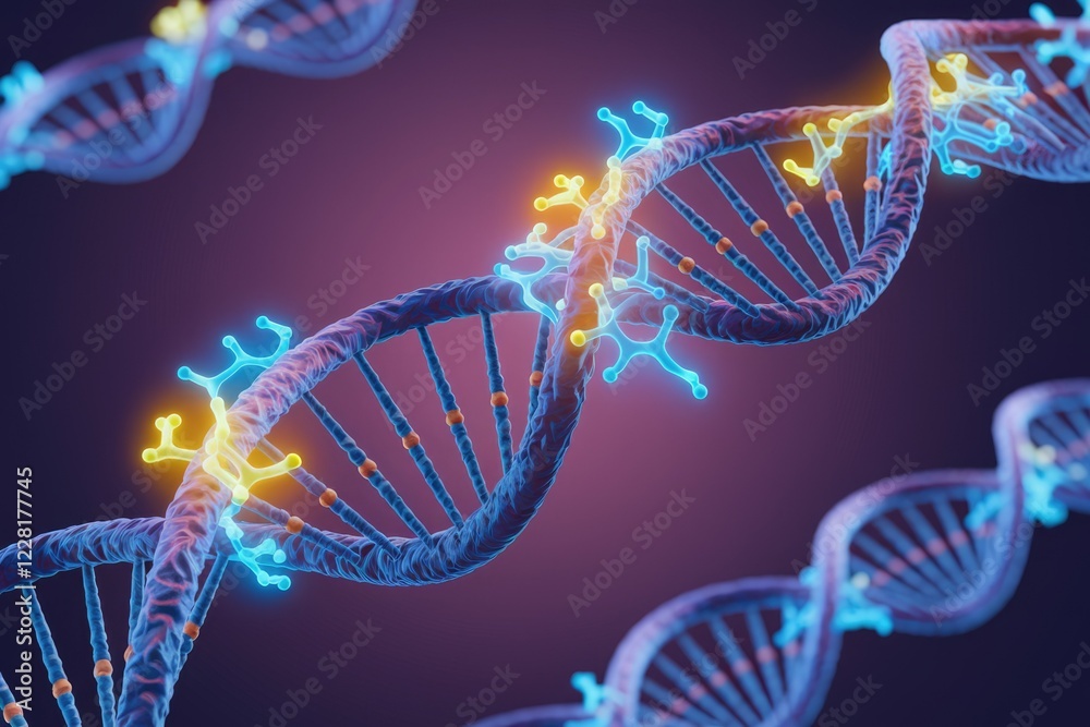 Poster 3D rendering of DNA double helix with glowing molecules, illustrating genetic code and molecular interactions.