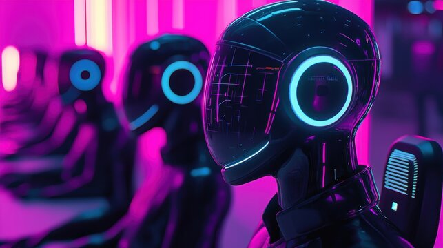 Futuristic Call Center with Human and AI Robots in Neon Lit High-Tech Environment