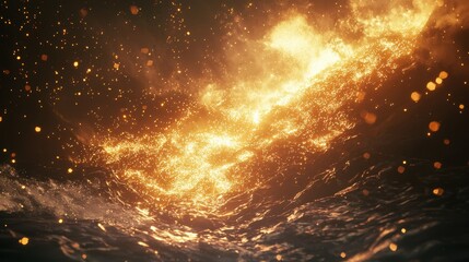 Obraz premium Bright flames rise from the ocean surface, illuminating the dark water. The contrast between fiery orange light and deep blue waves creates a captivating visual spectacle at night