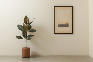 Minimalist corner featuring a single rubber plant and a framed artwork in a modern home setting with neutral colors