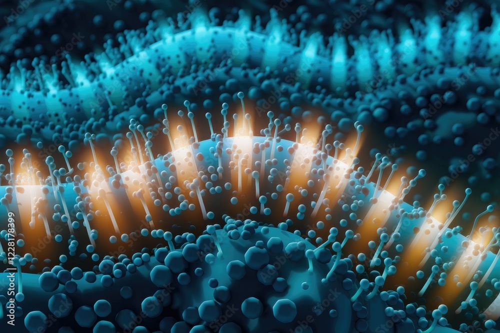 Poster Microscopic view of DNA replication with glowing strands and protein complexes.