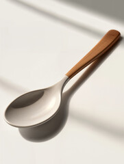 Metal spoon with wooden handle resting on a surface illuminated by natural light