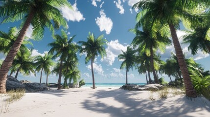 Fototapeta premium Idyllic tropical beach scene with palm trees and ocean