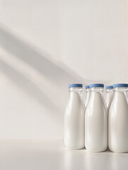 Bottles of fresh milk lined up against a pale wall in a bright setting during the morning hours