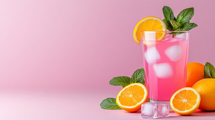Refreshing Pink Drink With Citrus Slices and Mint Leaves on a Pastel Pink Background