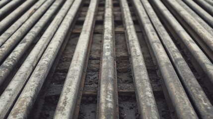 Parallel rusty metal pipes on ground.