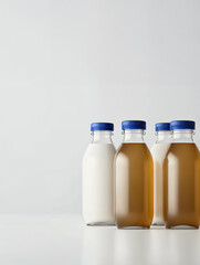Bottles of different beverages arranged on a minimalistic surface in a well-lit setting