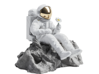 Isolated Astronaut Sitting on Rock Holding a Flower