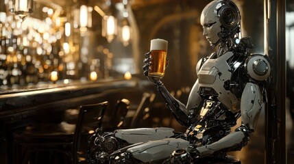A humanoid robot relaxes at a dimly lit bar, holding a glass of beer. The atmosphere is warm with glowing lights and modern decor, creating a unique blend of technology and leisure