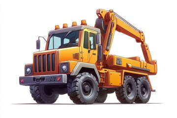 Fototapeta premium Crane Truck Cartoon style isolated on white background. Heavy Machinery. Construction Vehicle. Mobile Crane. Truck with Crane Arm. Crane Truck Design Element. Realistic Crane Truck isolated for Design
