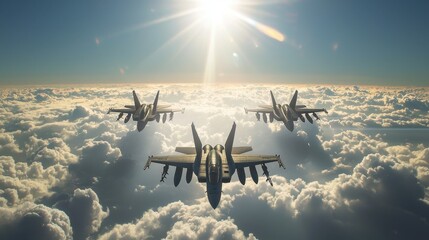 Naklejka premium Three fighter jets fly in formation above fluffy clouds under a radiant sun. The blue sky provides a striking backdrop to this aerial display of military aviation