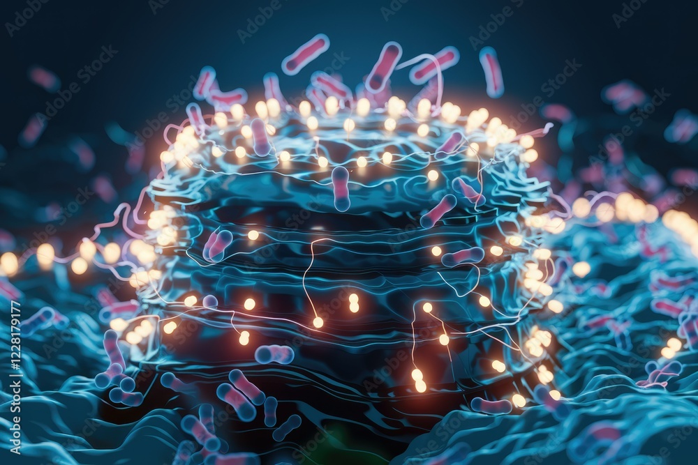 Poster microscopic view of bacteria interacting with a cell membrane, showcasing complex biological process