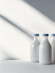 Bottles of fresh milk arranged on a clean surface bathed in soft natural light