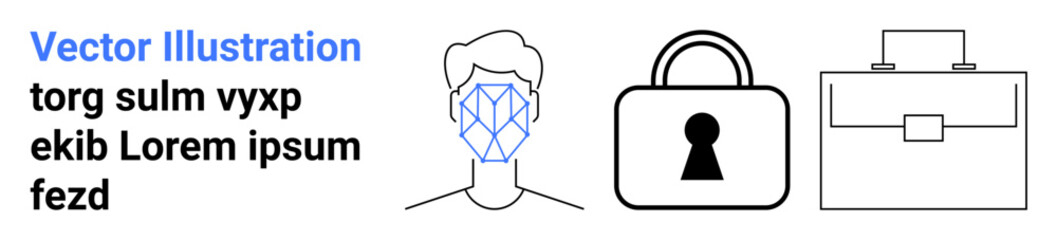 Human face with recognition pattern, padlock, and briefcase representing identification, security, and business elements. Ideal for technology, cybersecurity, privacy, office work data protection