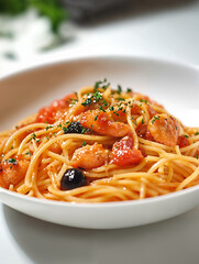 Delicious spaghetti with chicken and tomatoes garnished with herbs served in a white bowl
