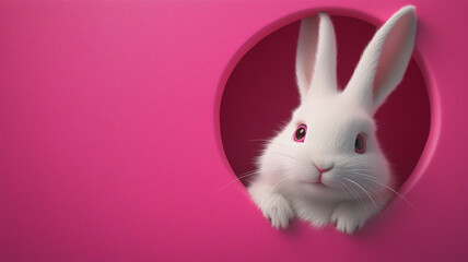 Obraz premium ピンク背景から顔を出す白いウサギ