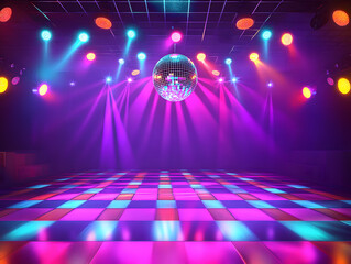 Retro style 70s disco club background with groovy dance floor mirror ball hanging from ceiling and colorful spotlights